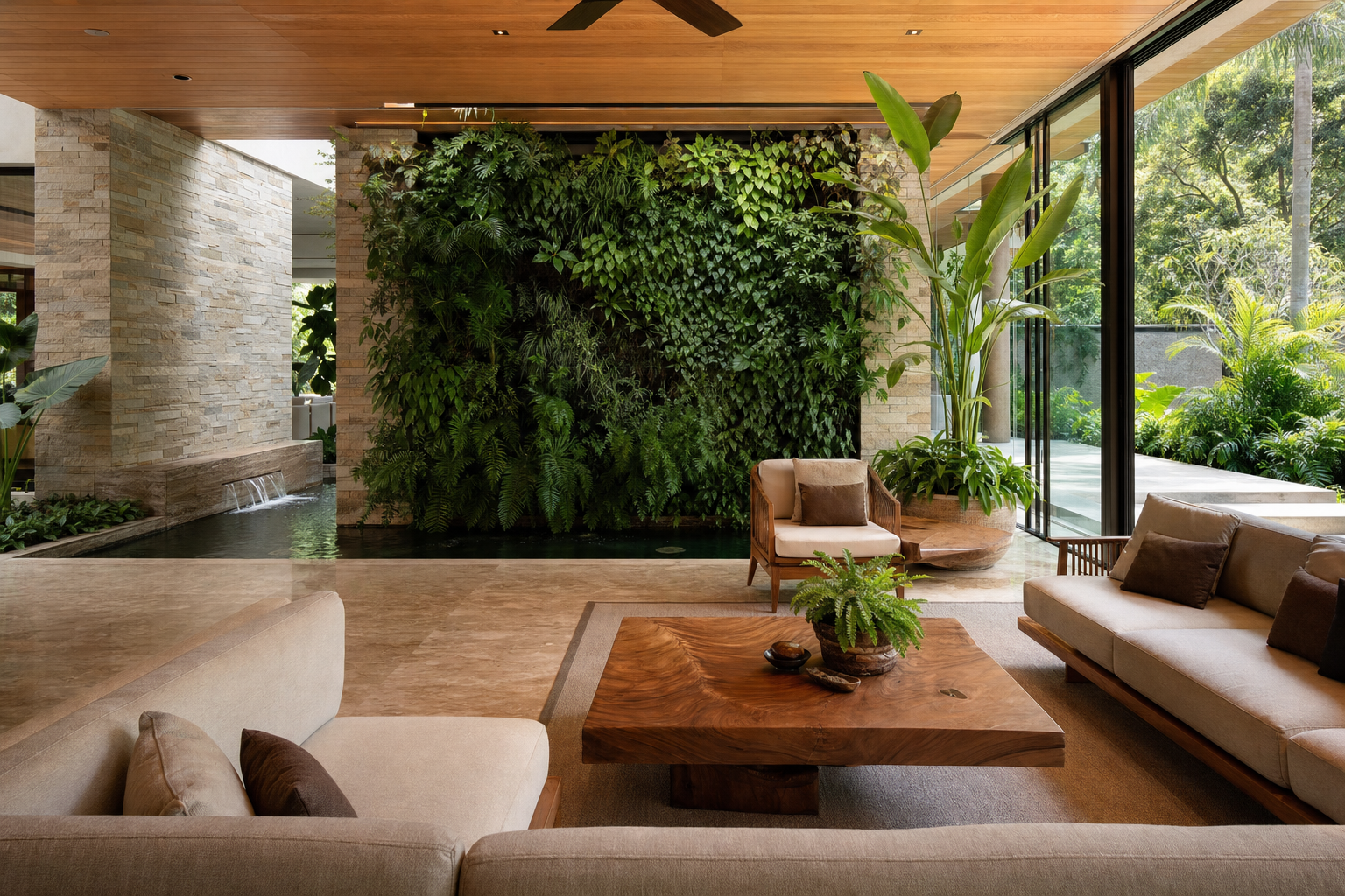 Biophilic design in a luxury villa — living green wall and natural materials