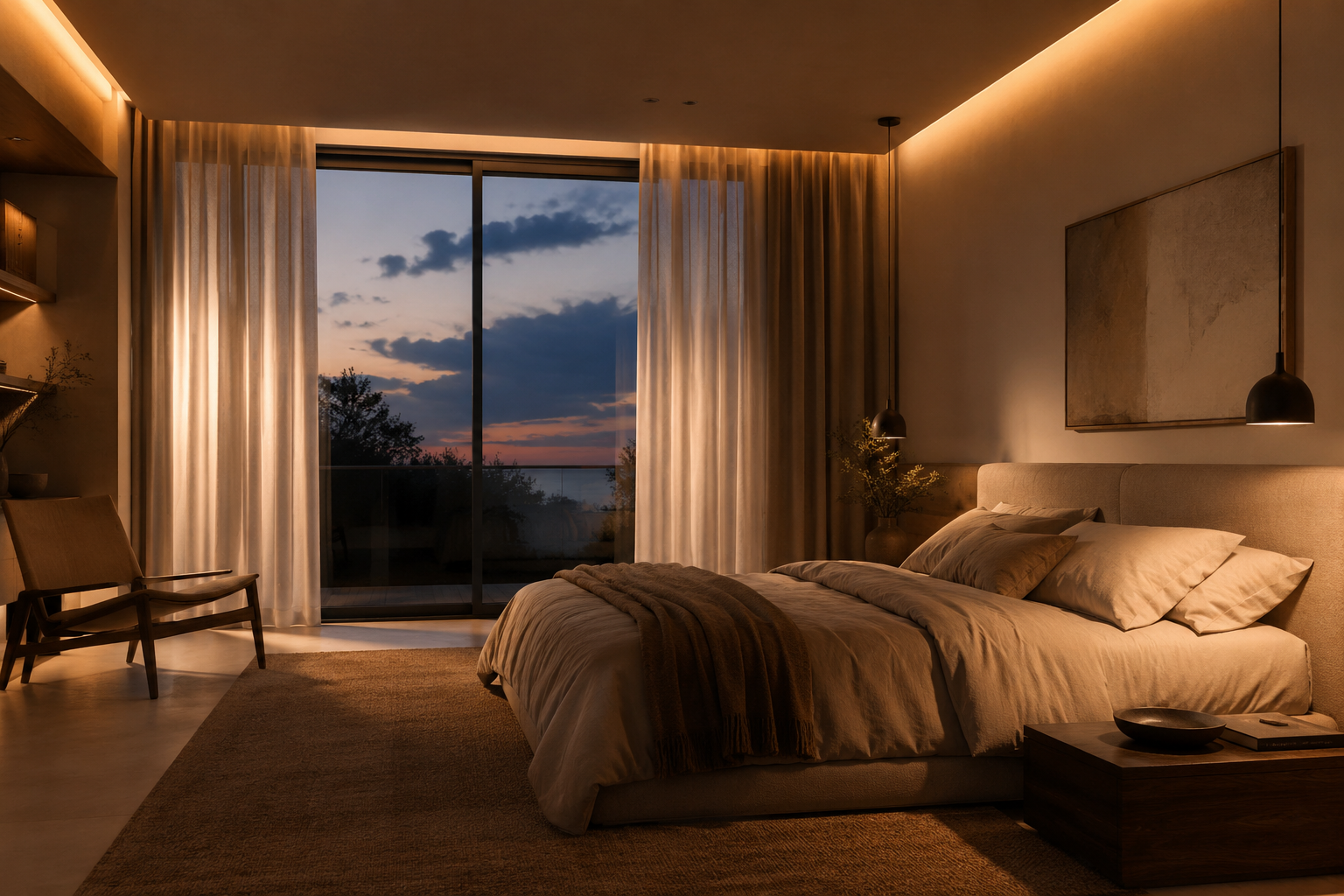 Circadian lighting design — master bedroom with warm evening light
