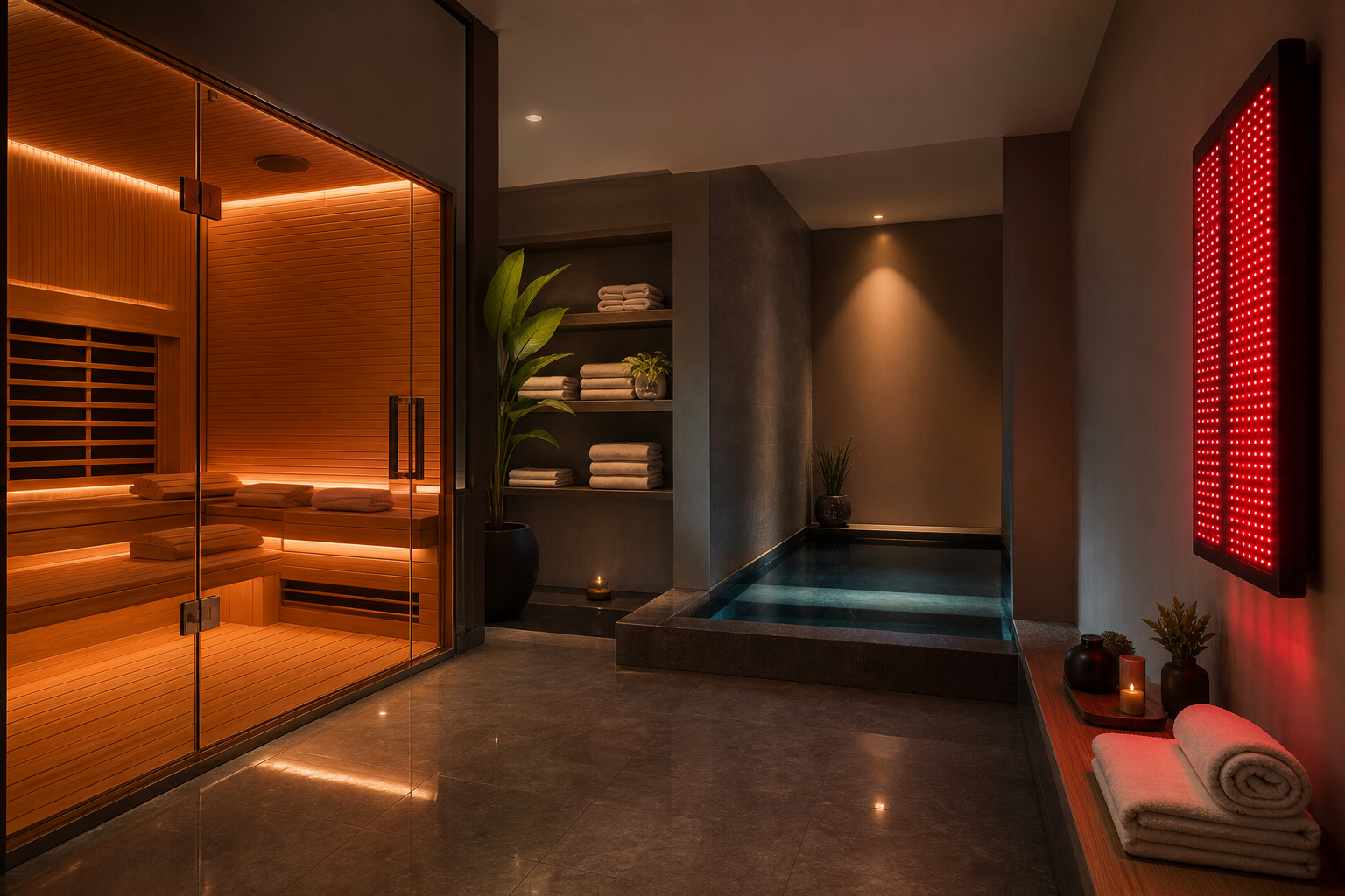 Home recovery zone — private wellness room with infrared sauna and float pool