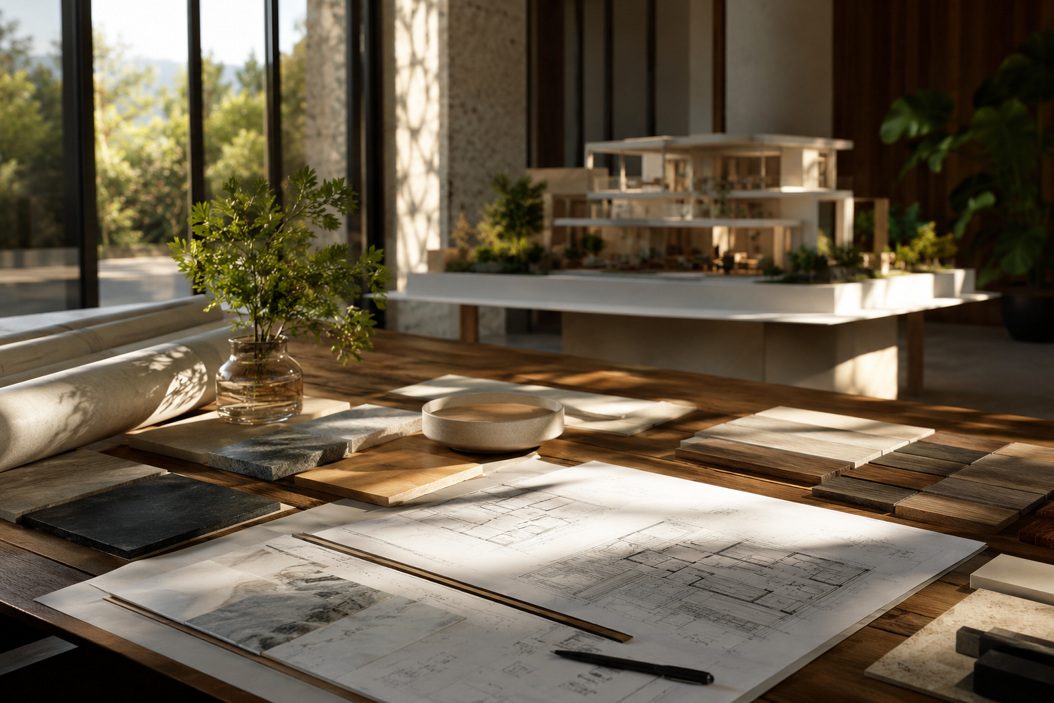 The longevity architect — design studio with villa blueprints and natural materials