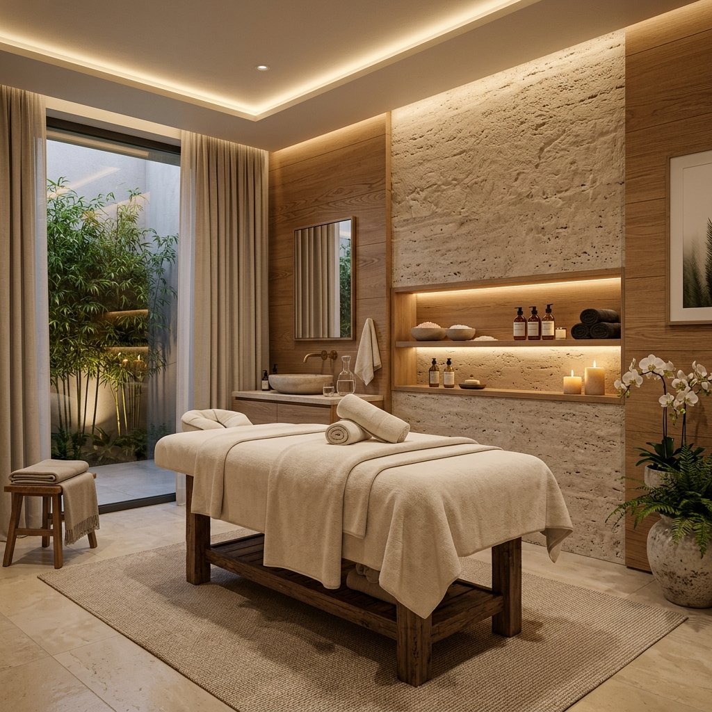 Luxury spa treatment room with warm lighting