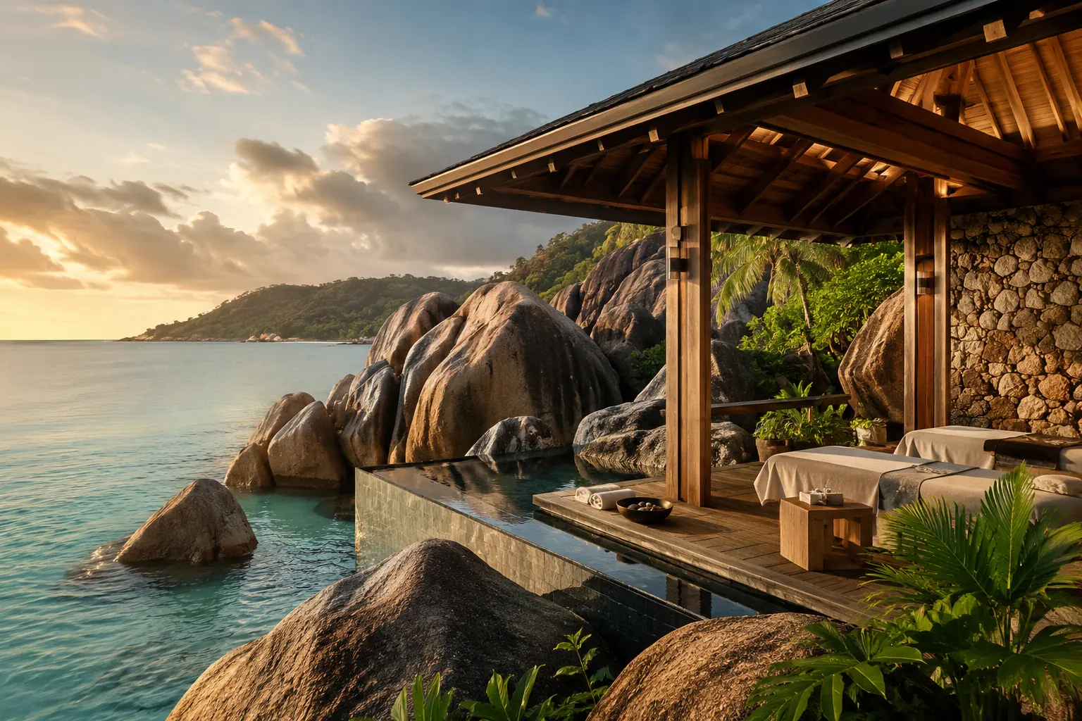 Spa development in Seychelles - private-island resort and granite-boulder lagoon