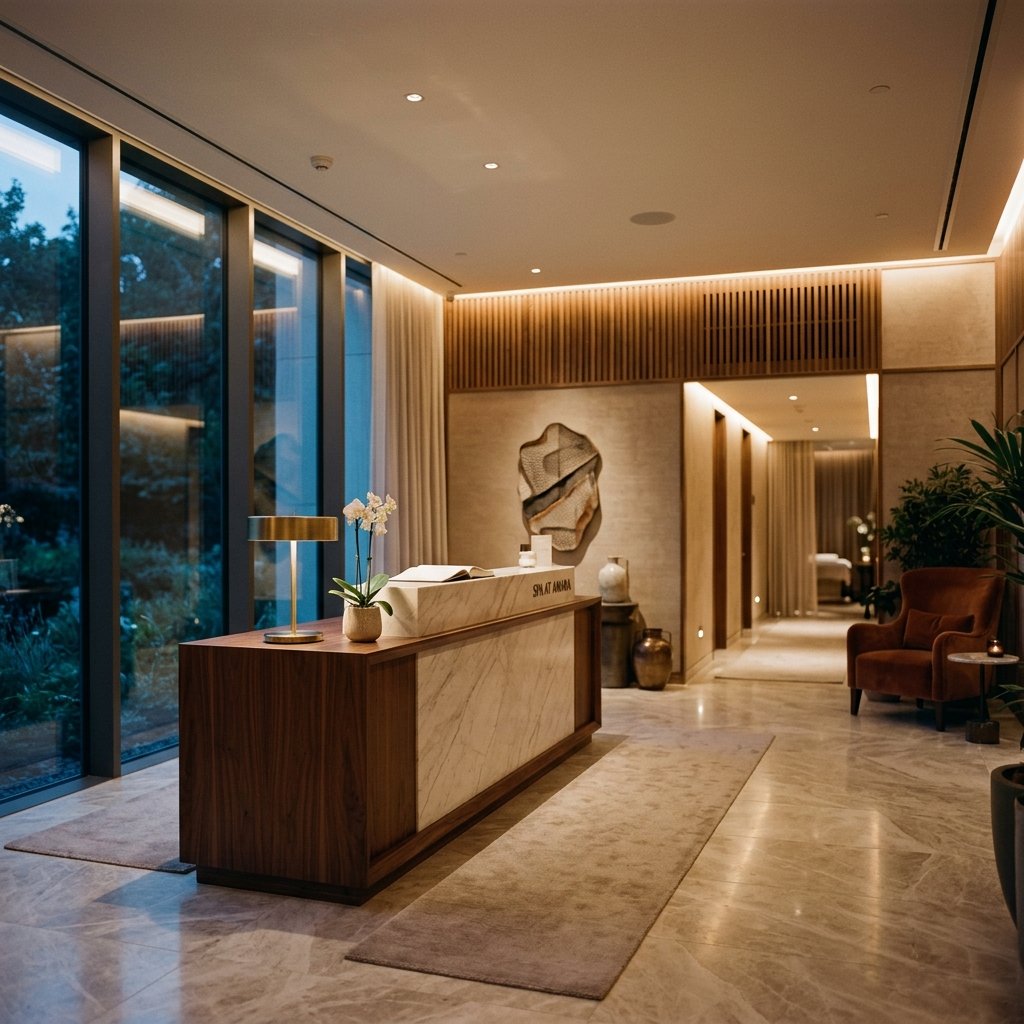 Luxury spa reception area with warm ambient lighting