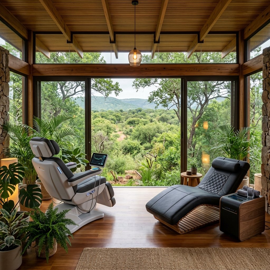 Private wellness room in a residence with recovery technology facing a garden