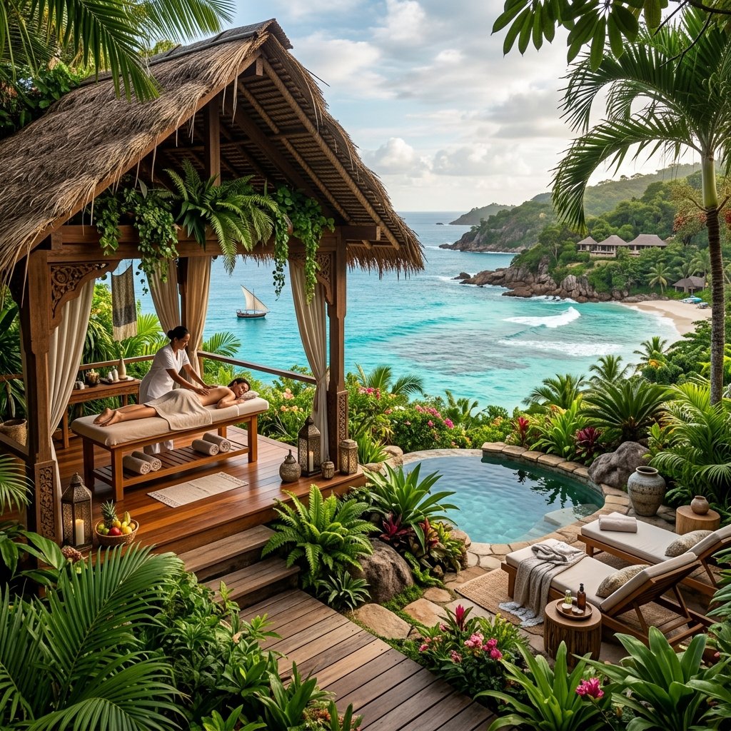 Open treatment pavilion above a beach with a dhow on the water