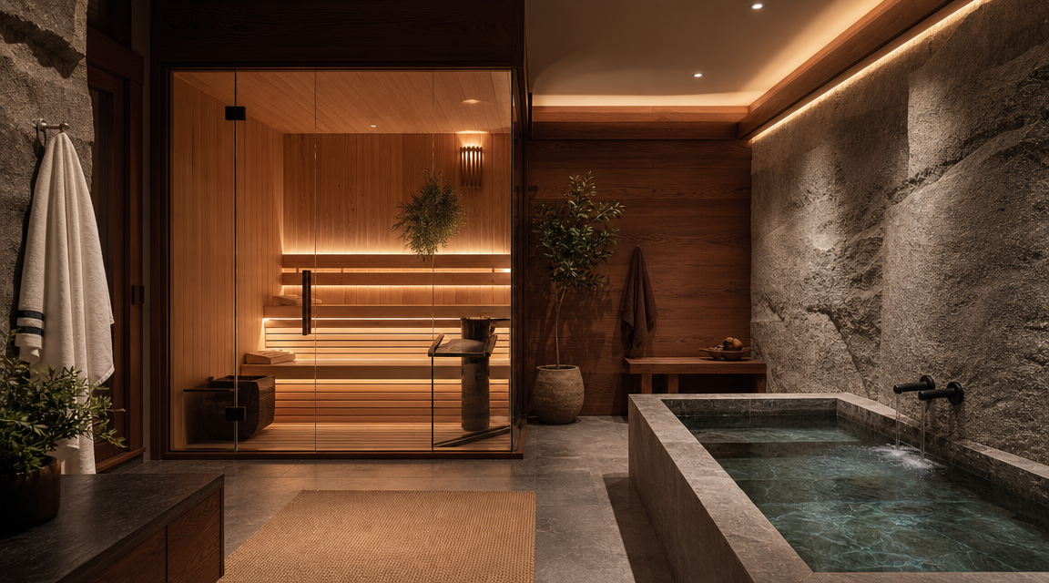 Private wellness room with sauna and cold plunge