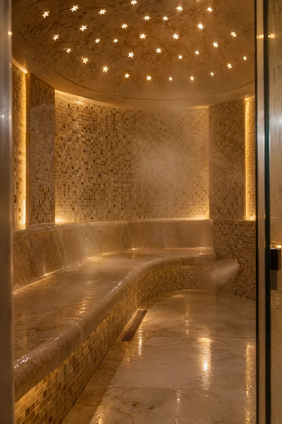 Hammam steam chamber with domed star-lit ceiling, heated marble bench and a low-level steam inlet