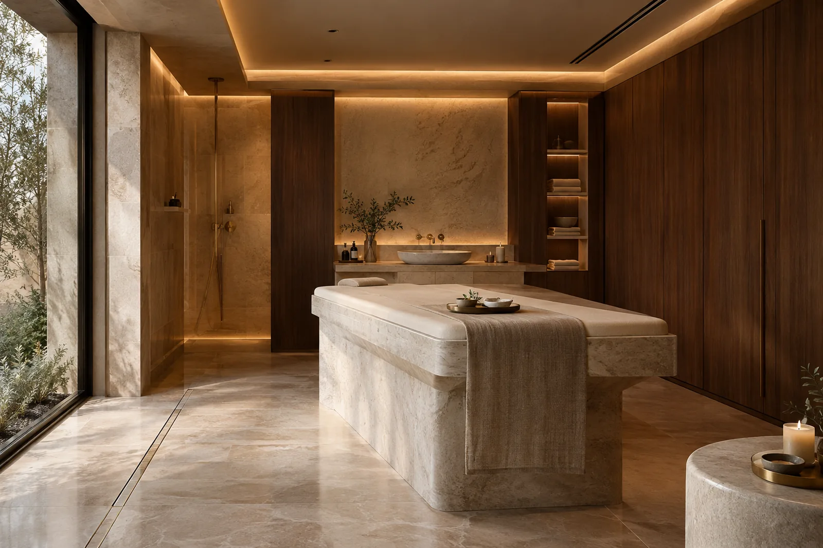 Luxury hotel spa treatment room in travertine and walnut, with cove lighting and a flush linear floor drain