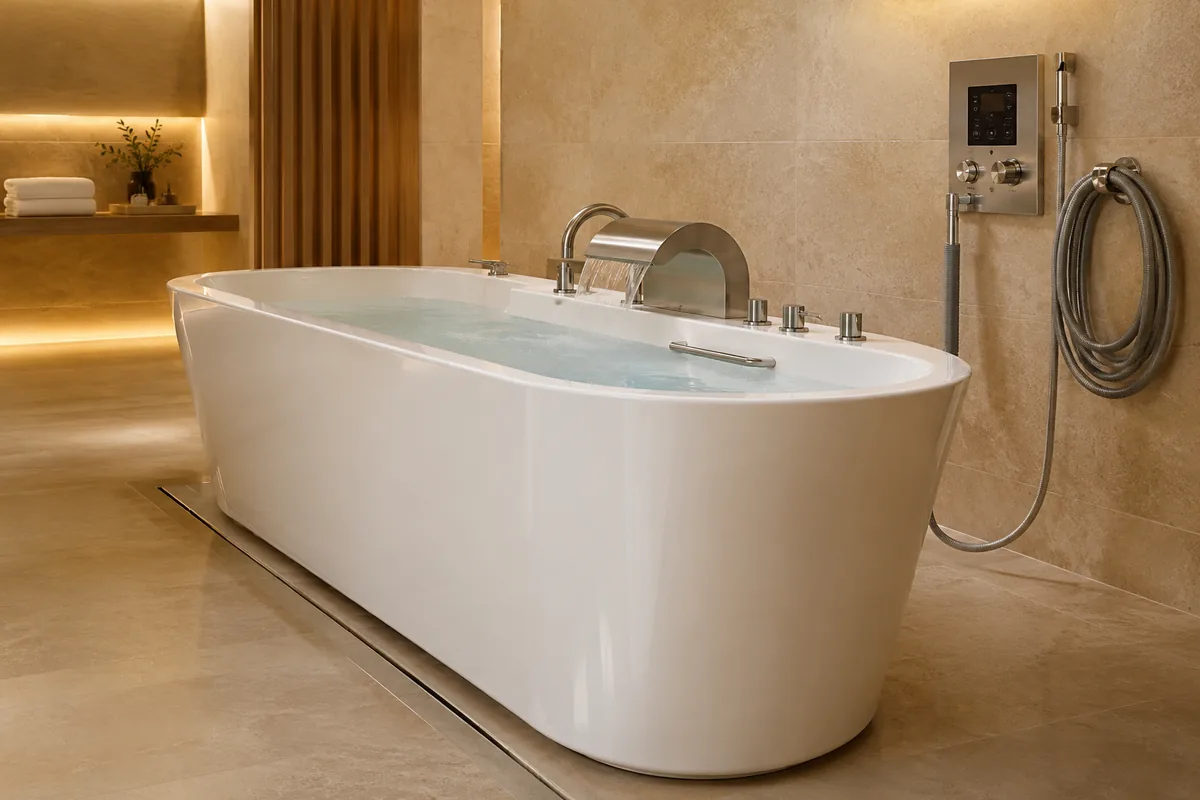 Hydrotherapy tub with wall-mounted control panel, hand shower and a flush linear floor drain